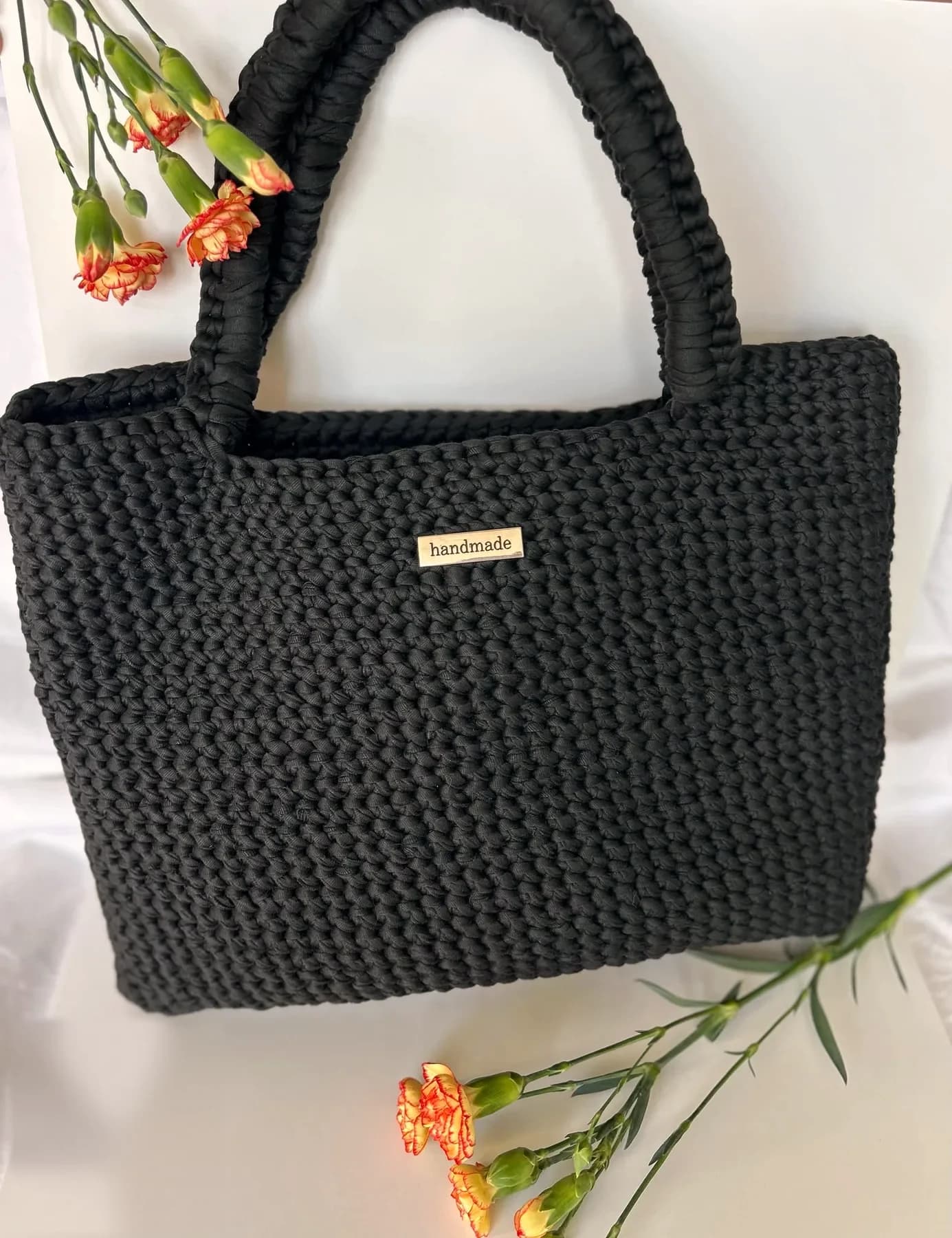 Black crochet tote with soft crochet handles handmade by Ali