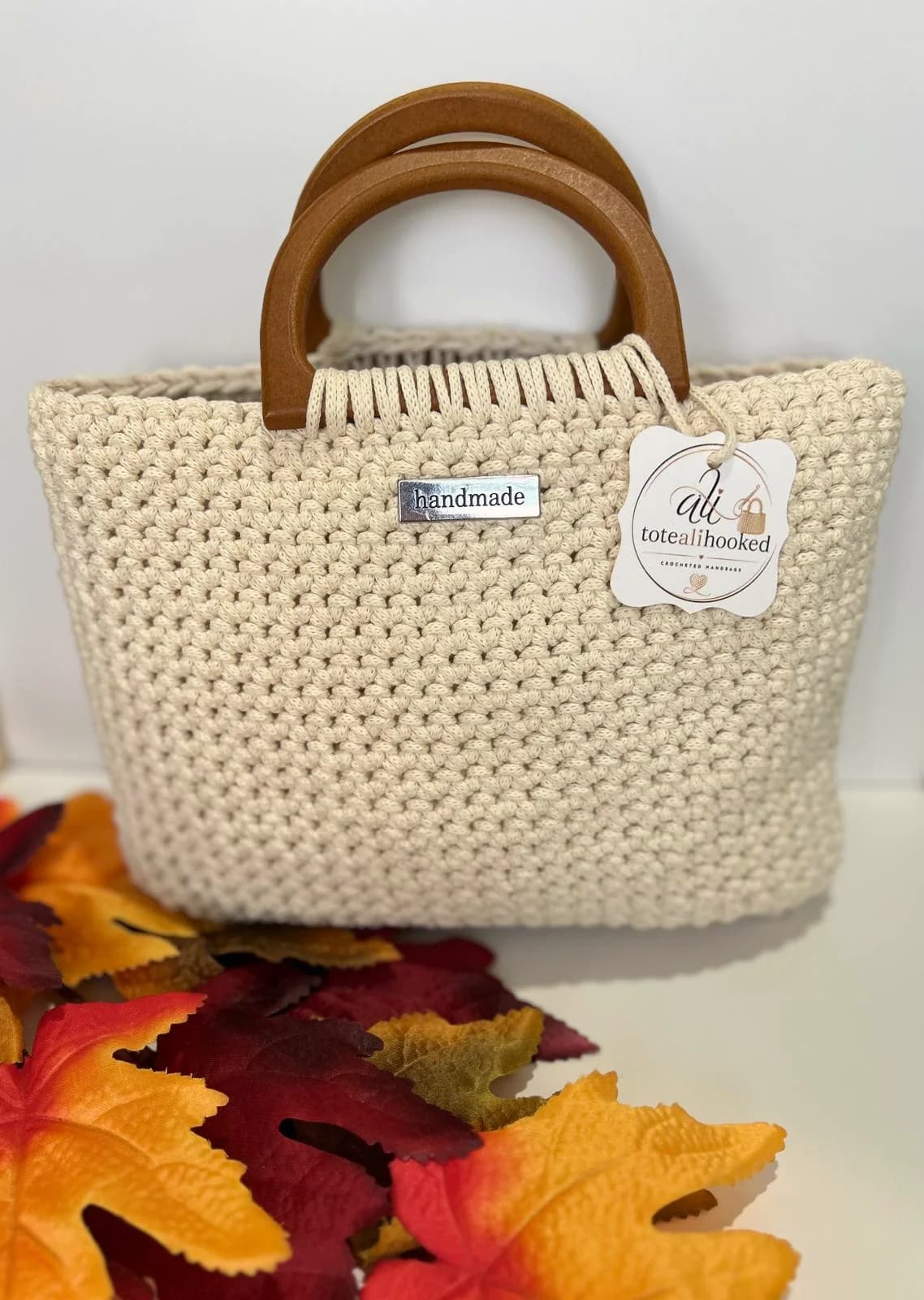 Cream crochet tote with wooden handles handmade by Ali